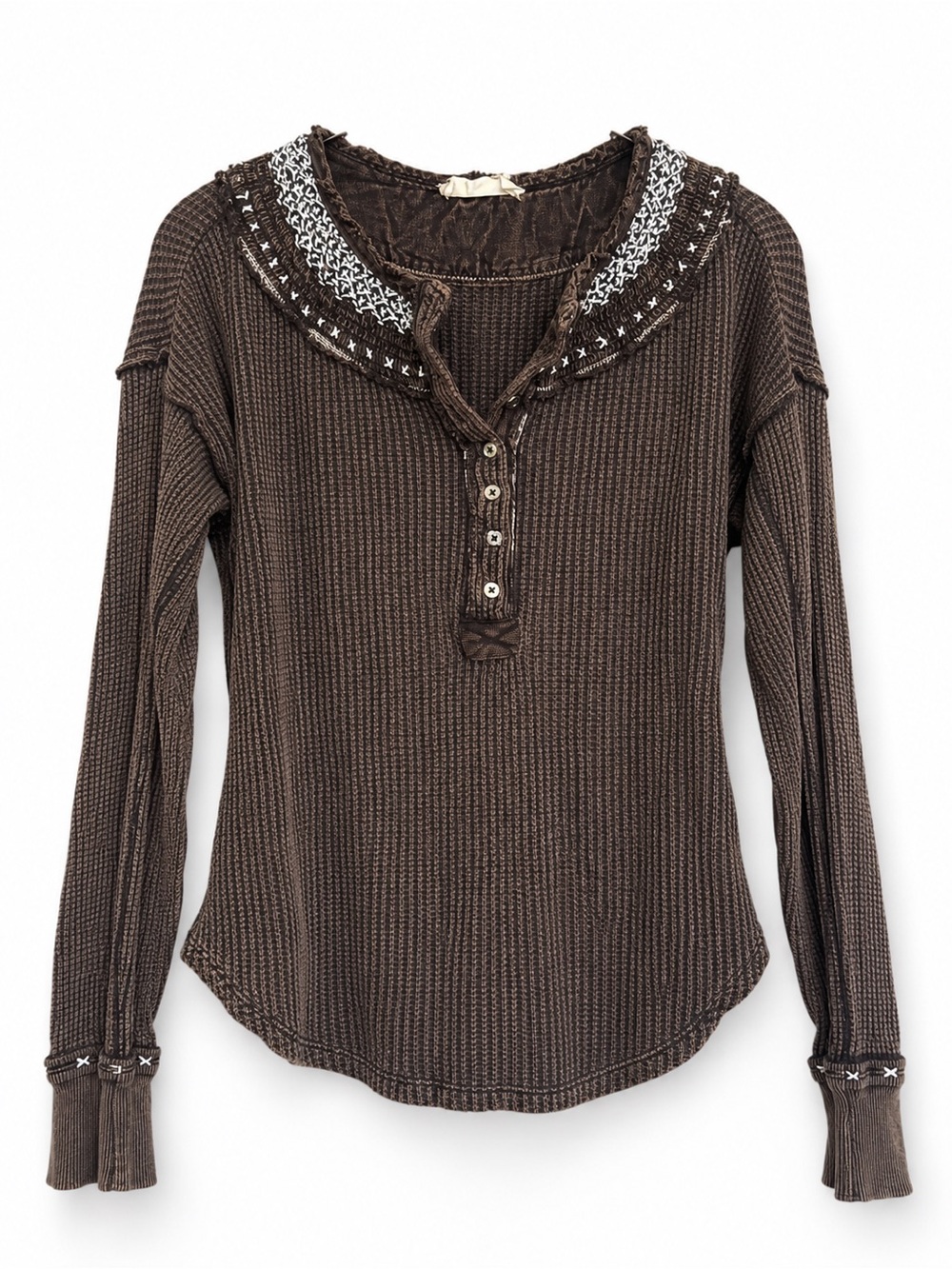 Free People We The Free Brown Embroidered Thermal Henley Top XS